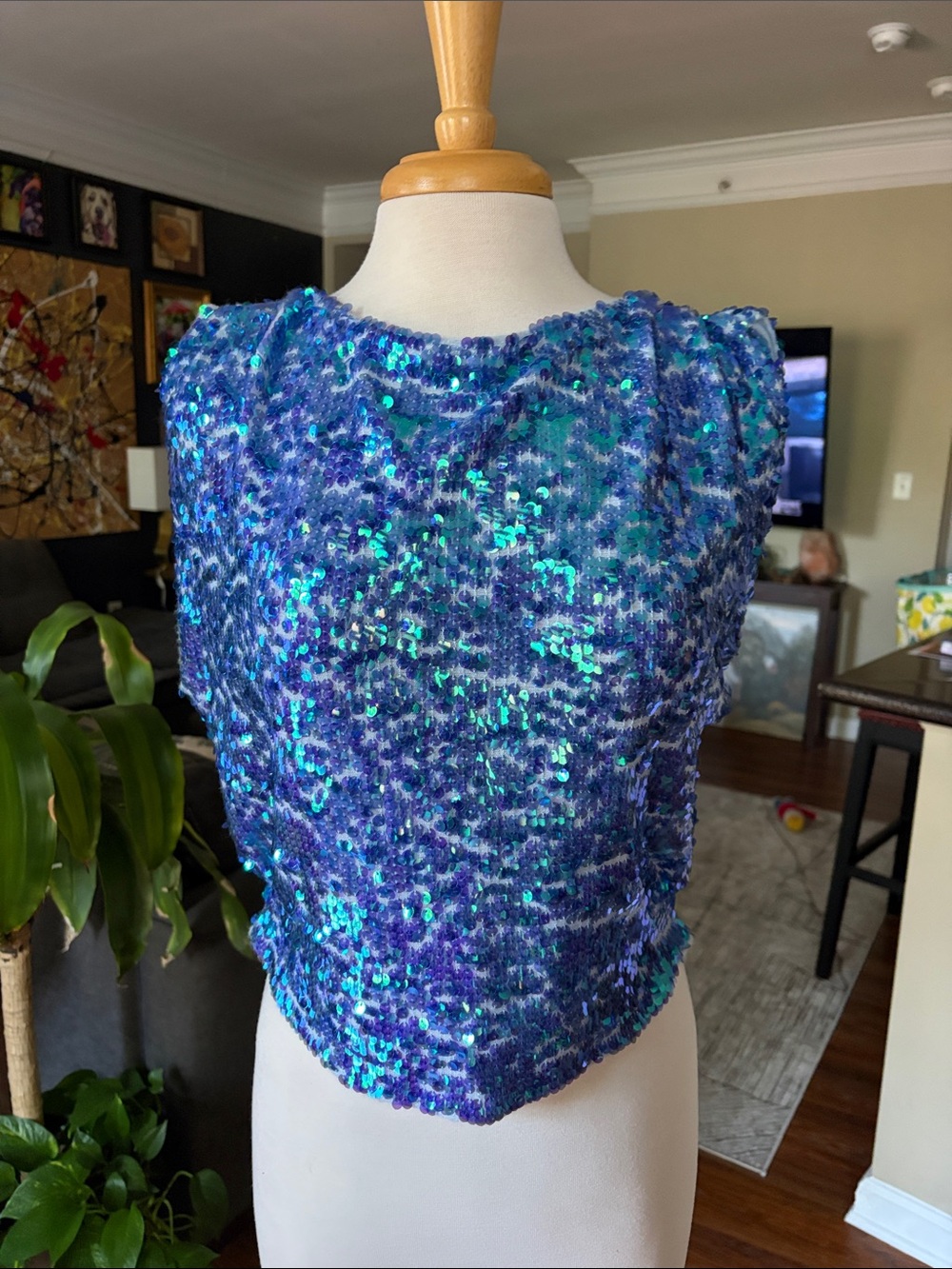 Pilcro Iridescent Blue Sequin Cropped Tank
